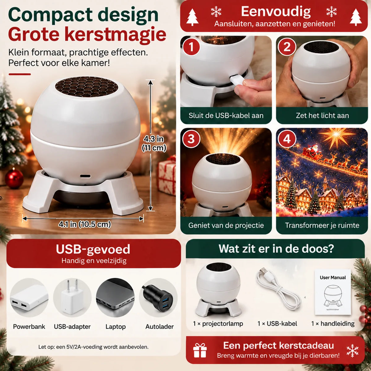Christmas Projector Light USB-Powered Compact