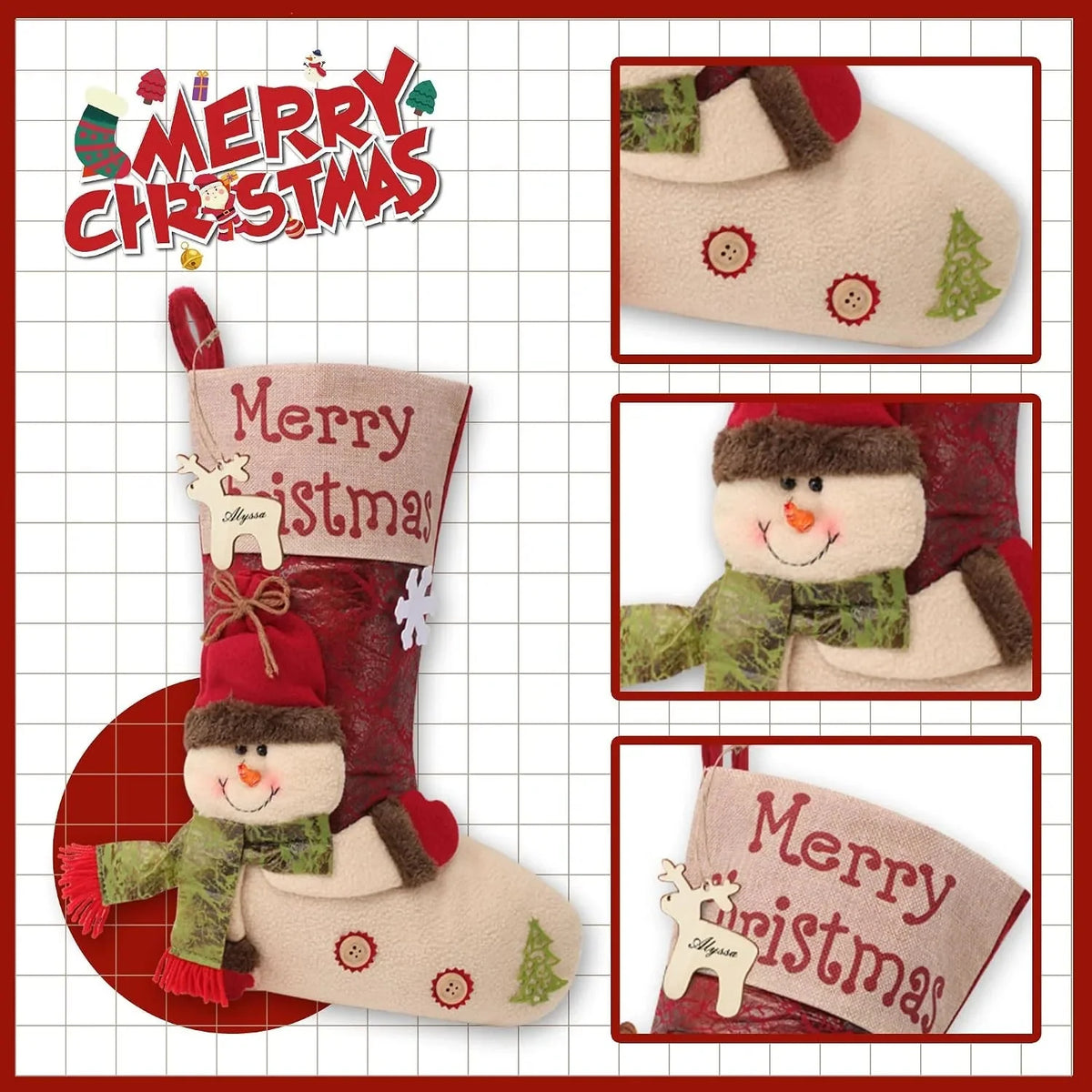 Christmas Stocking 3D Character Design Stitched Lettering