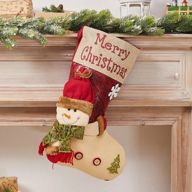Christmas Stocking Durable Soft Fabric Santa & Snowflake Design