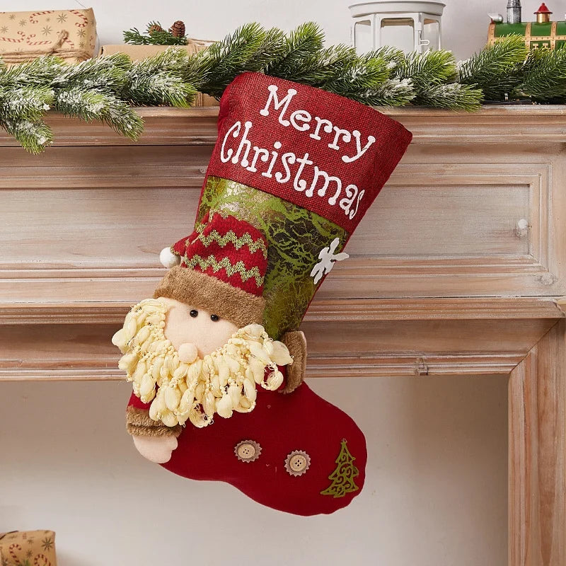 Christmas Stocking Durable Soft Fabric Santa & Snowflake Design