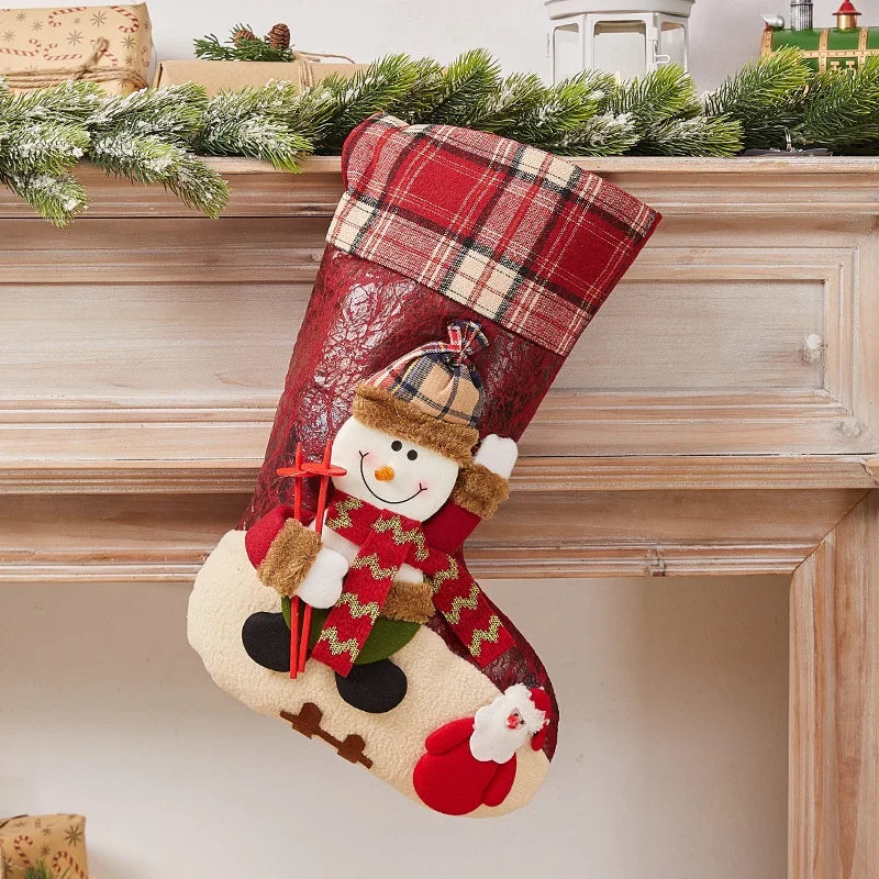Christmas Stocking Durable Soft Fabric Santa & Snowflake Design