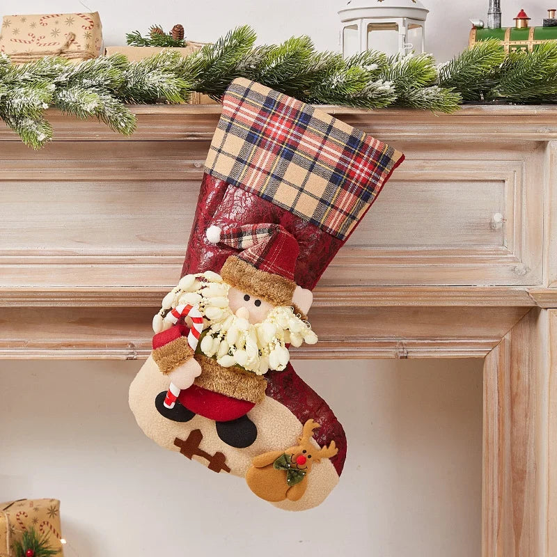 Christmas Stocking Durable Soft Fabric Santa & Snowflake Design