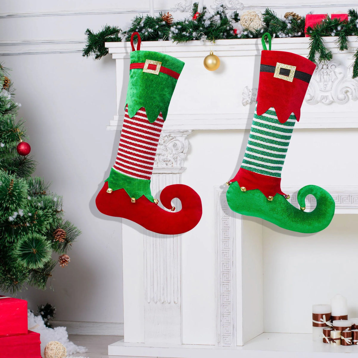 Christmas Stocking Santa Motif Soft Fabric Hanging Loop