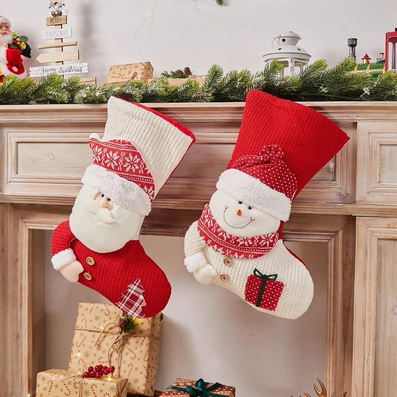 Christmas Stocking Santa Motif Soft Fabric Hanging Loop