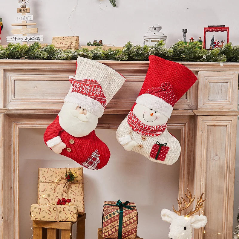 Christmas Stocking Santa Motif Soft Fabric Hanging Loop