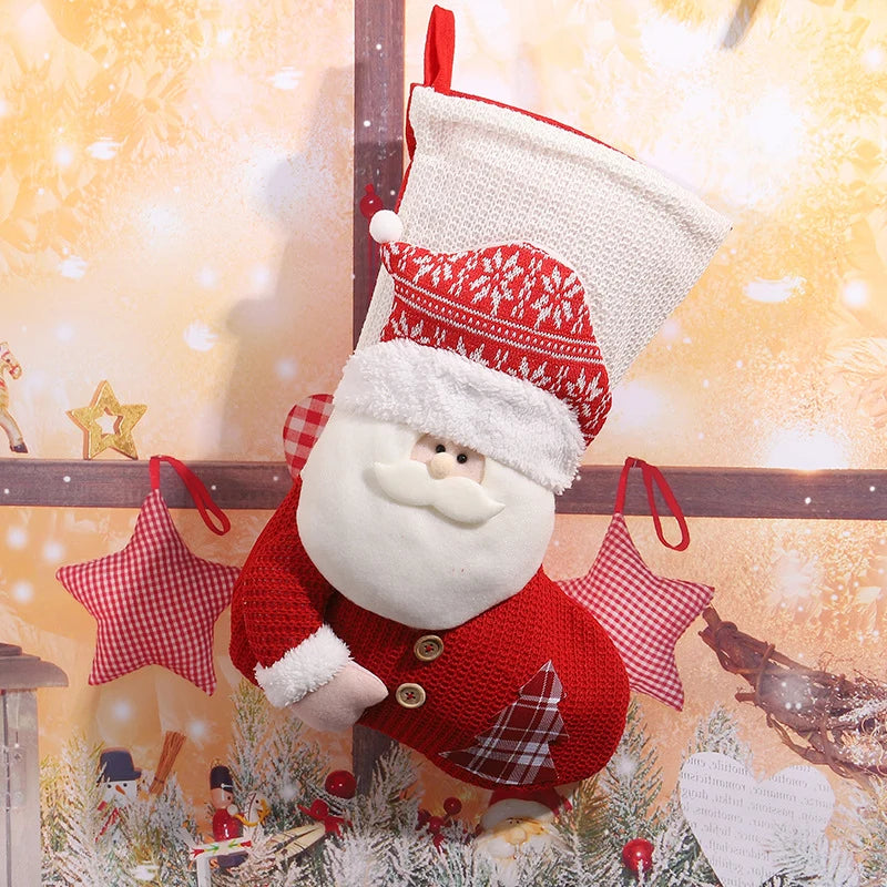 Christmas Stocking Santa Motif Soft Fabric Hanging Loop