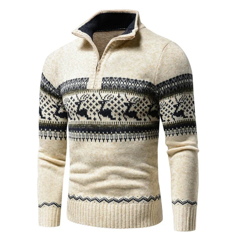 Christmas Sweater Warm Knit Reindeer Snowflake Half-Zip