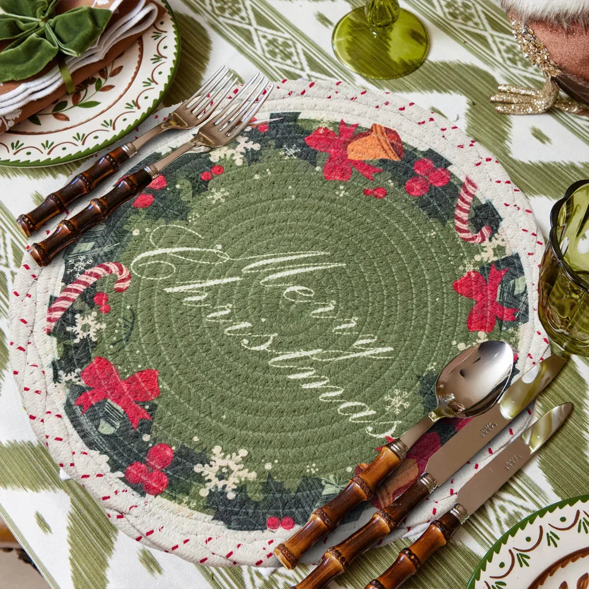 Christmas Tree Skirt Braided Cotton Quilted Hides Cords