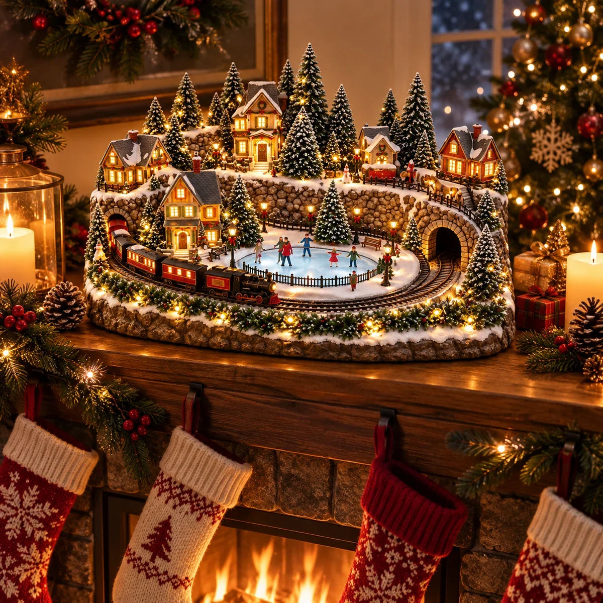 Christmas Village Decoration Moving Train & Holiday Music