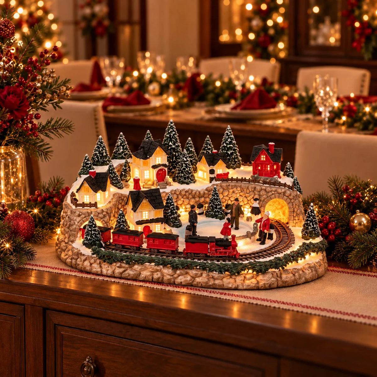 Christmas Village Lighted Train & Reindeer Sleigh Scene
