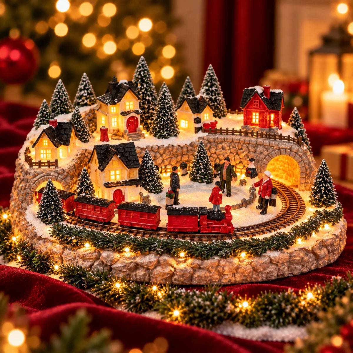 Christmas Village Lighted Train & Reindeer Sleigh Scene