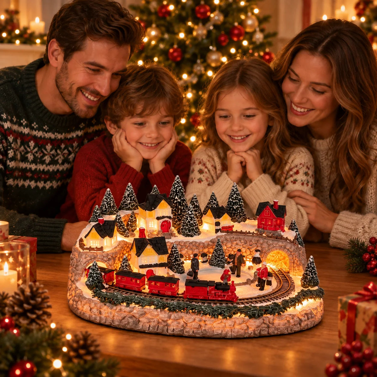 Christmas Village Lighted Train & Reindeer Sleigh Scene