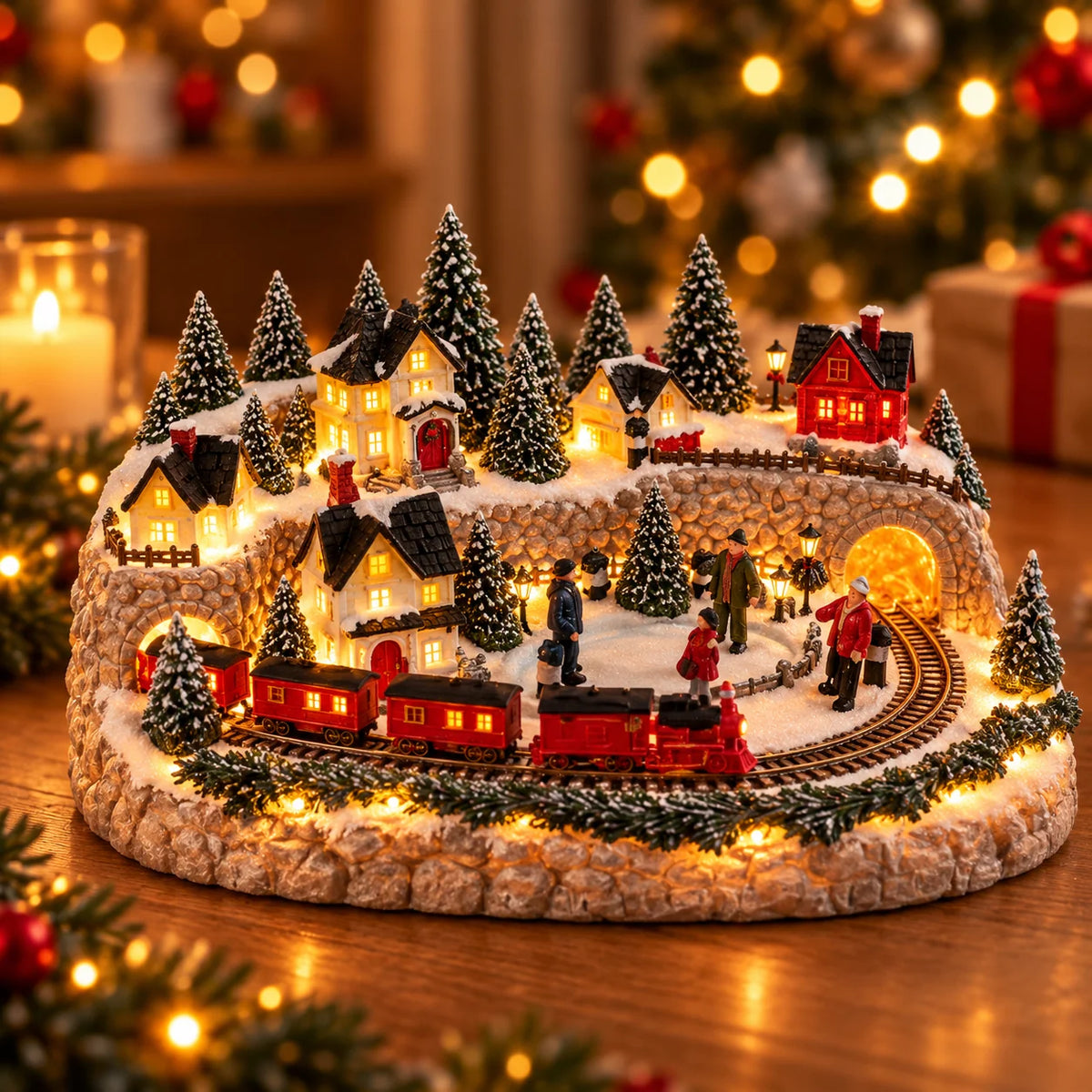 Christmas Village Lighted Train & Reindeer Sleigh Scene