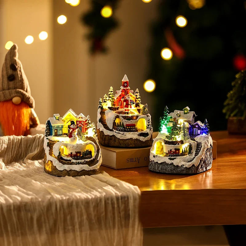 Christmas Village Scene Handcrafted Illuminated Built In Snowman