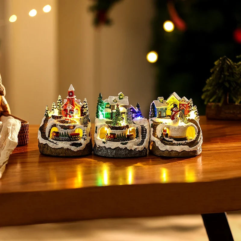 Christmas Village Scene Handcrafted Illuminated Built In Snowman