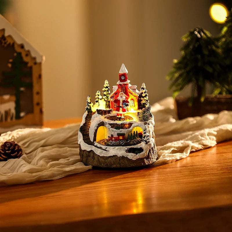 Christmas Village Scene Handcrafted Illuminated Built In Snowman