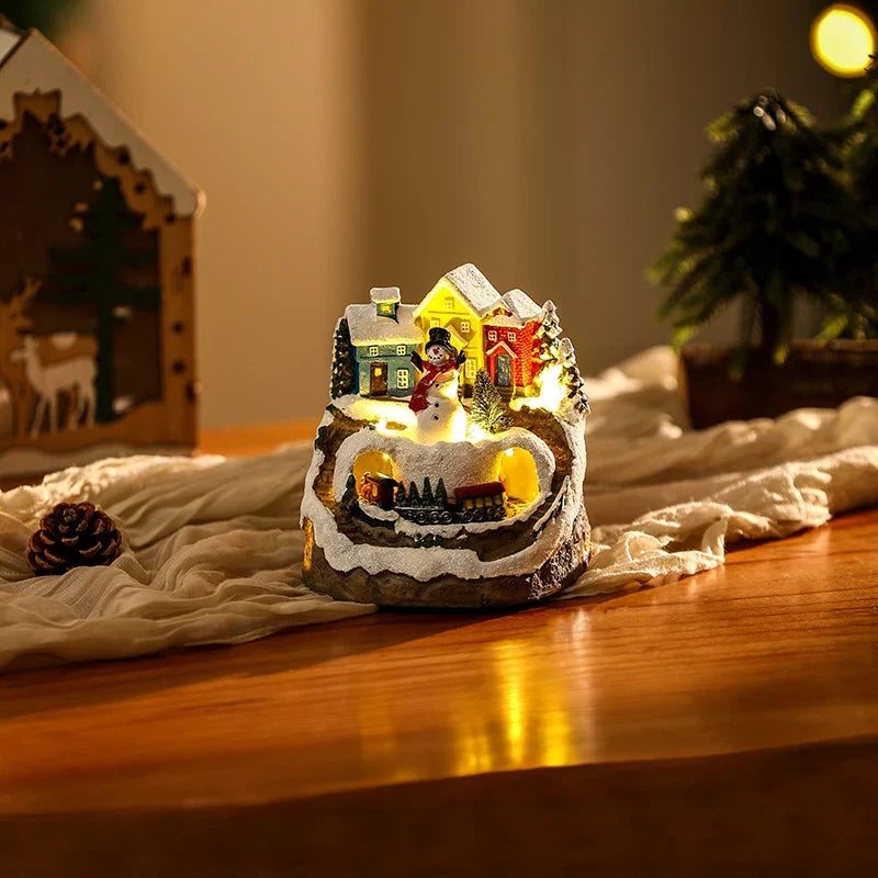 Christmas Village Scene Handcrafted Illuminated Built In Snowman