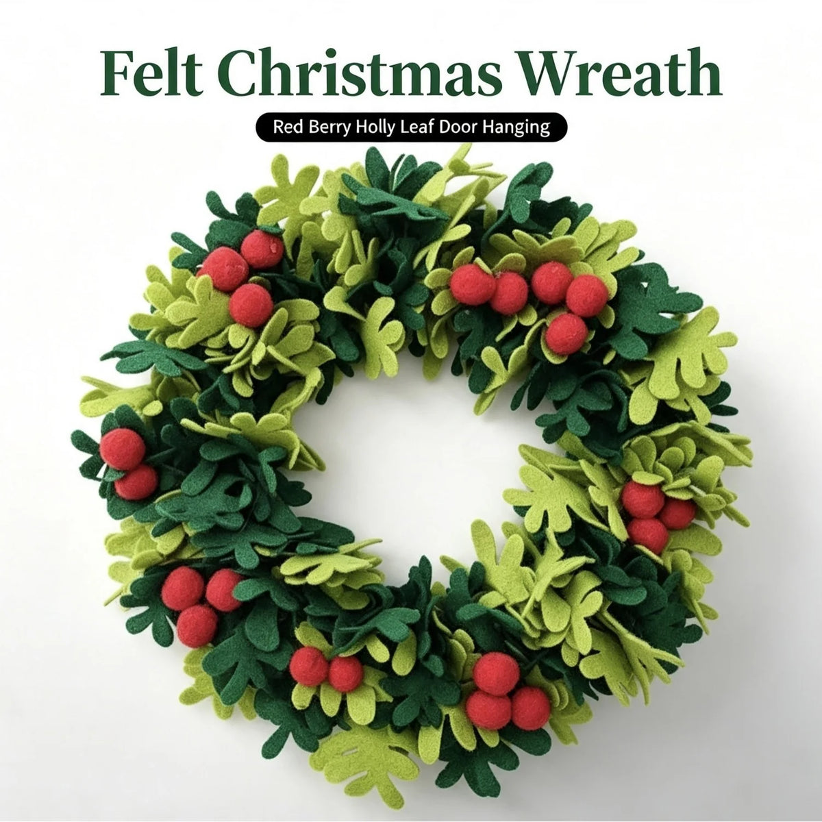 Christmas Wreath Felt Holly Leaves & Red Berries Lightweight