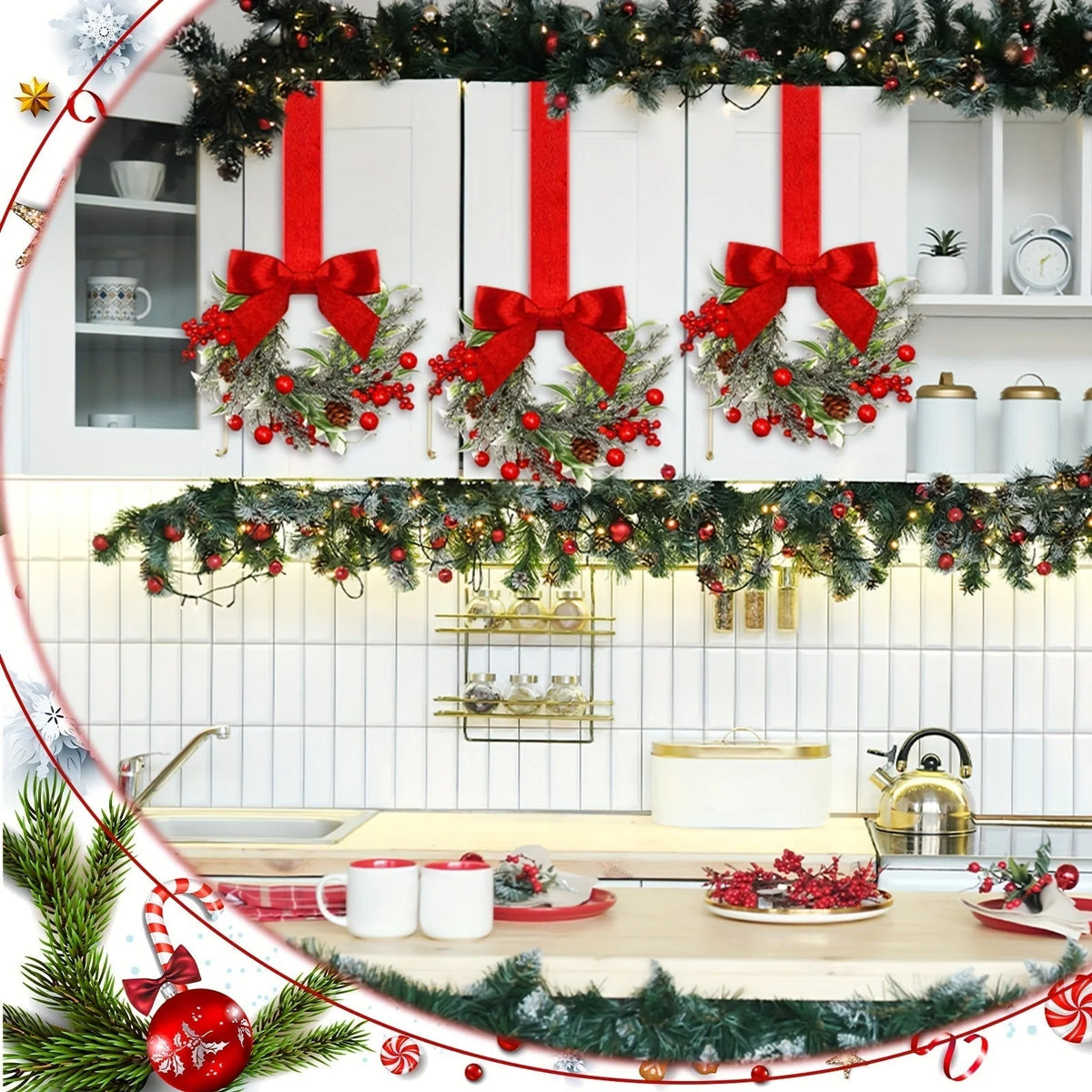 Christmas Wreath Polyester Greenery Red Bows & Pinecones