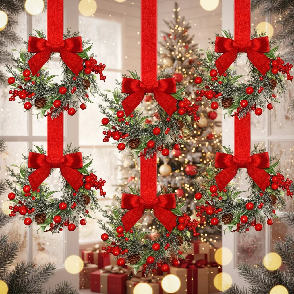 Christmas Wreath Polyester Greenery Red Bows & Pinecones