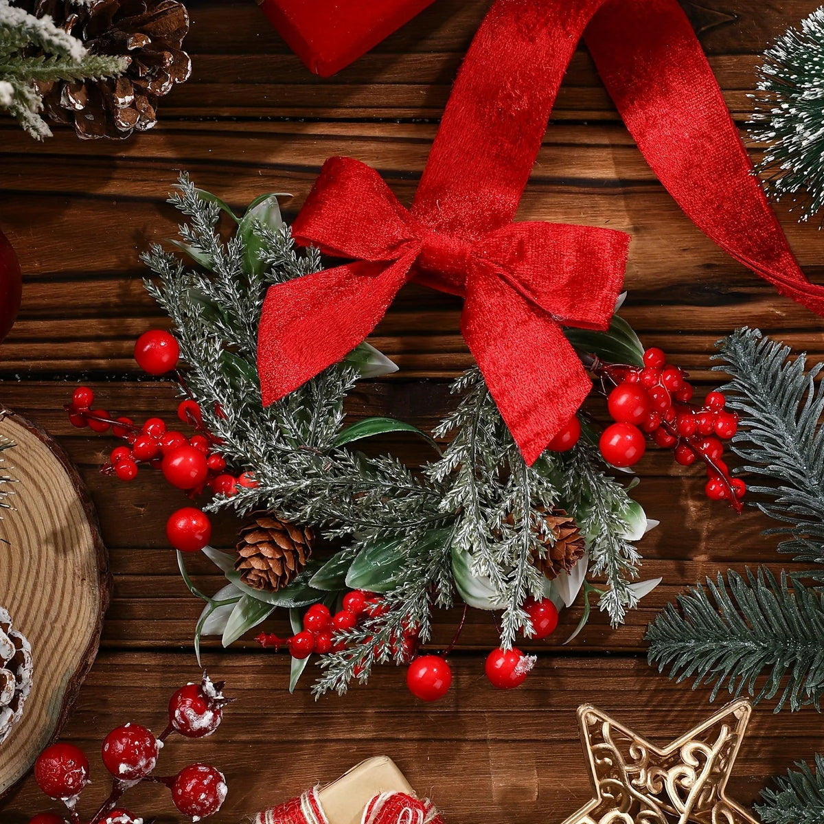 Christmas Wreath Polyester Greenery Red Bows & Pinecones