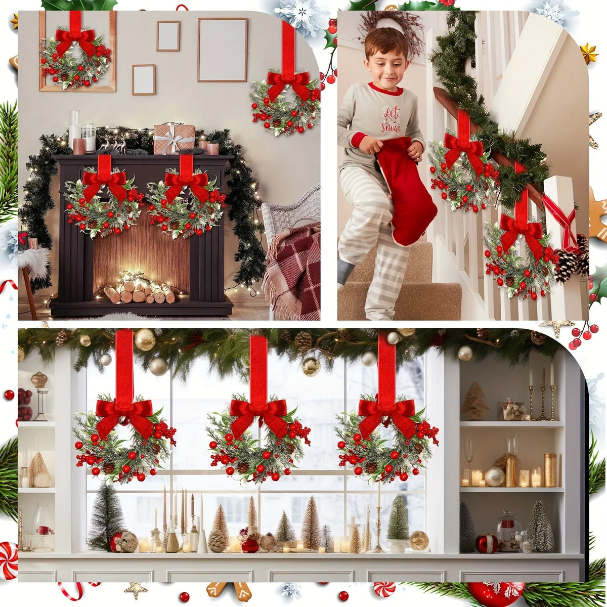Christmas Wreath Polyester Greenery Red Bows & Pinecones