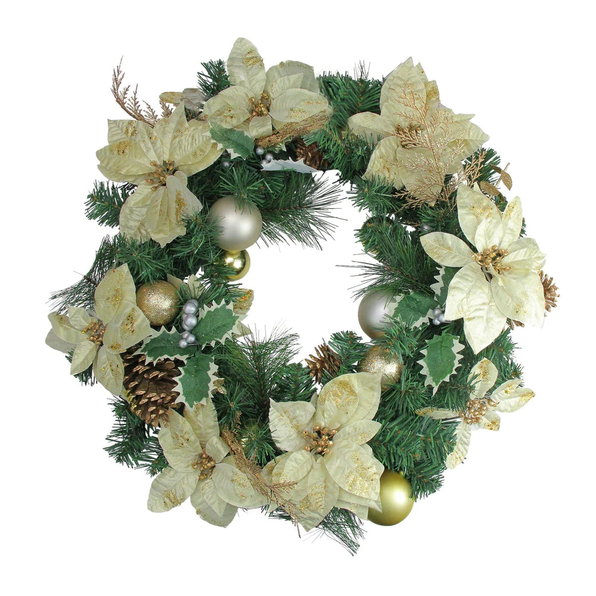 Christmas Wreath Predecorated Red Poinsettias & Gold Ornaments