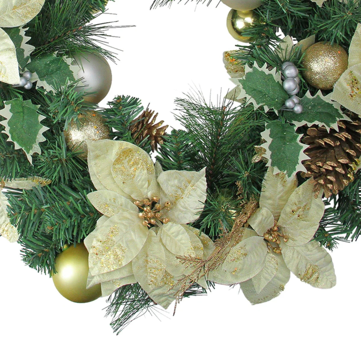Christmas Wreath Predecorated Red Poinsettias & Gold Ornaments