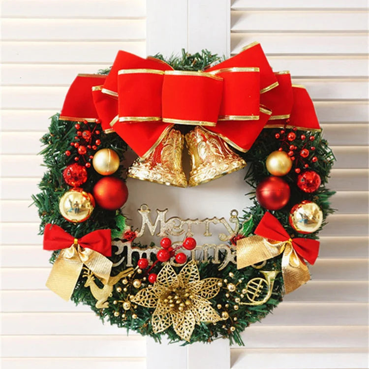 Christmas Wreath Red Bow Gold Ornaments Ready to Hang