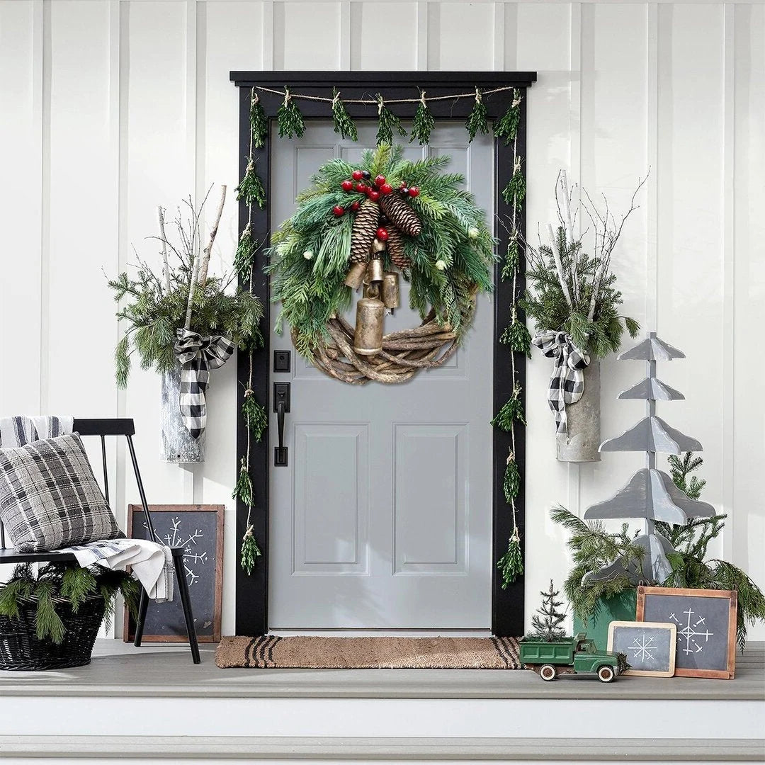 Christmas Wreath Rustic Vine Pinecones Berries & Bells 17 Inch