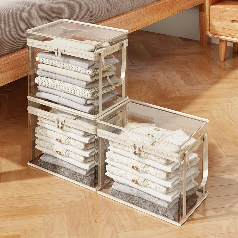 Clothing Storage Box Clear Stackable Dustproof Zipper Closure