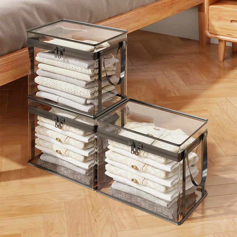 Clothing Storage Box Clear Stackable Dustproof Zipper Closure