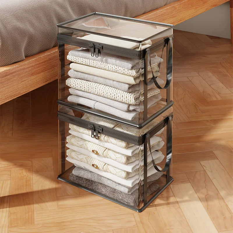 Clothing Storage Box Clear Stackable Dustproof Zipper Closure
