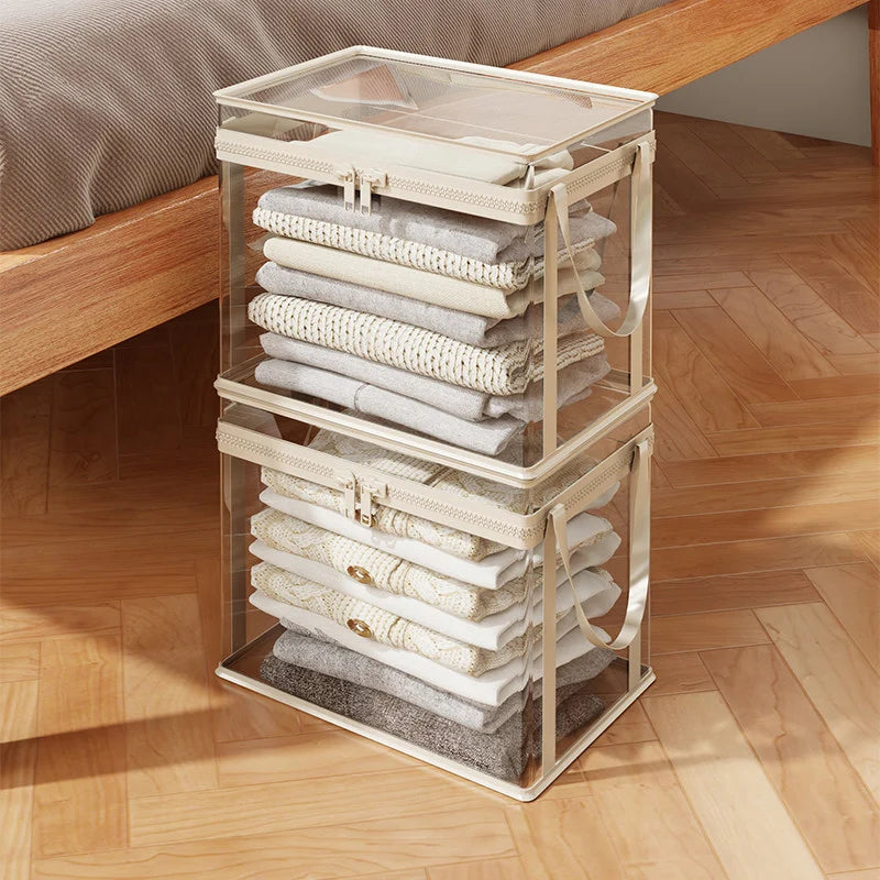 Clothing Storage Box Clear Stackable Dustproof Zipper Closure