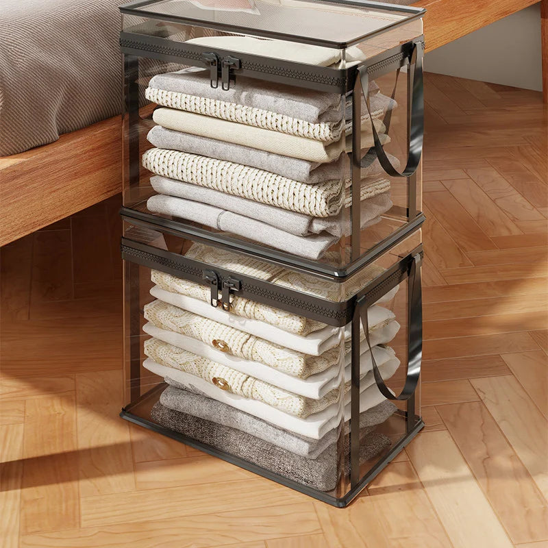 Clothing Storage Box Clear Stackable Dustproof Zipper Closure