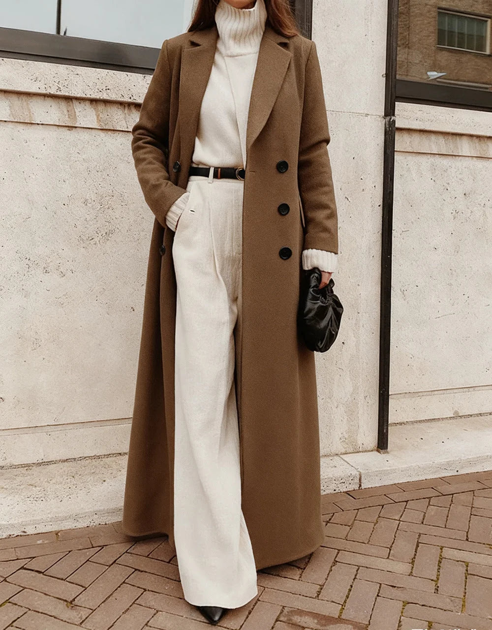 Coat Wool Blend Long Double-Breasted Deep Pockets