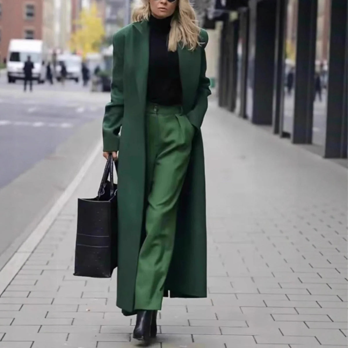 Coat Wool Blend Long Double-Breasted Deep Pockets
