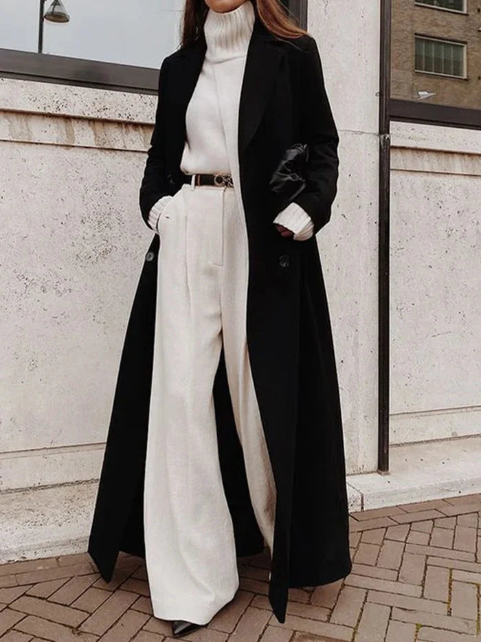 Coat Wool Blend Long Double-Breasted Deep Pockets