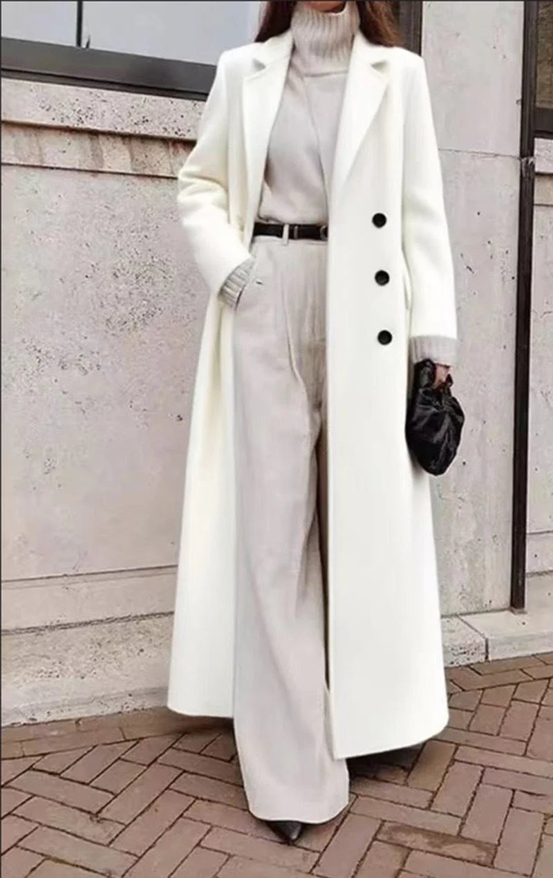 Coat Wool Blend Long Double-Breasted Deep Pockets