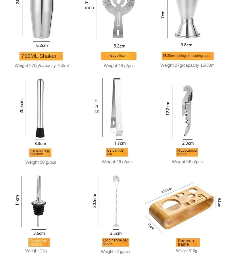 Cocktail Tool Set Stainless Steel 10-Piece With Stand