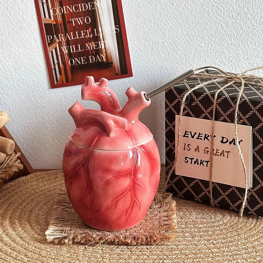 Coffee Mug Sculpted Anatomical Heart With Lid & Straw
