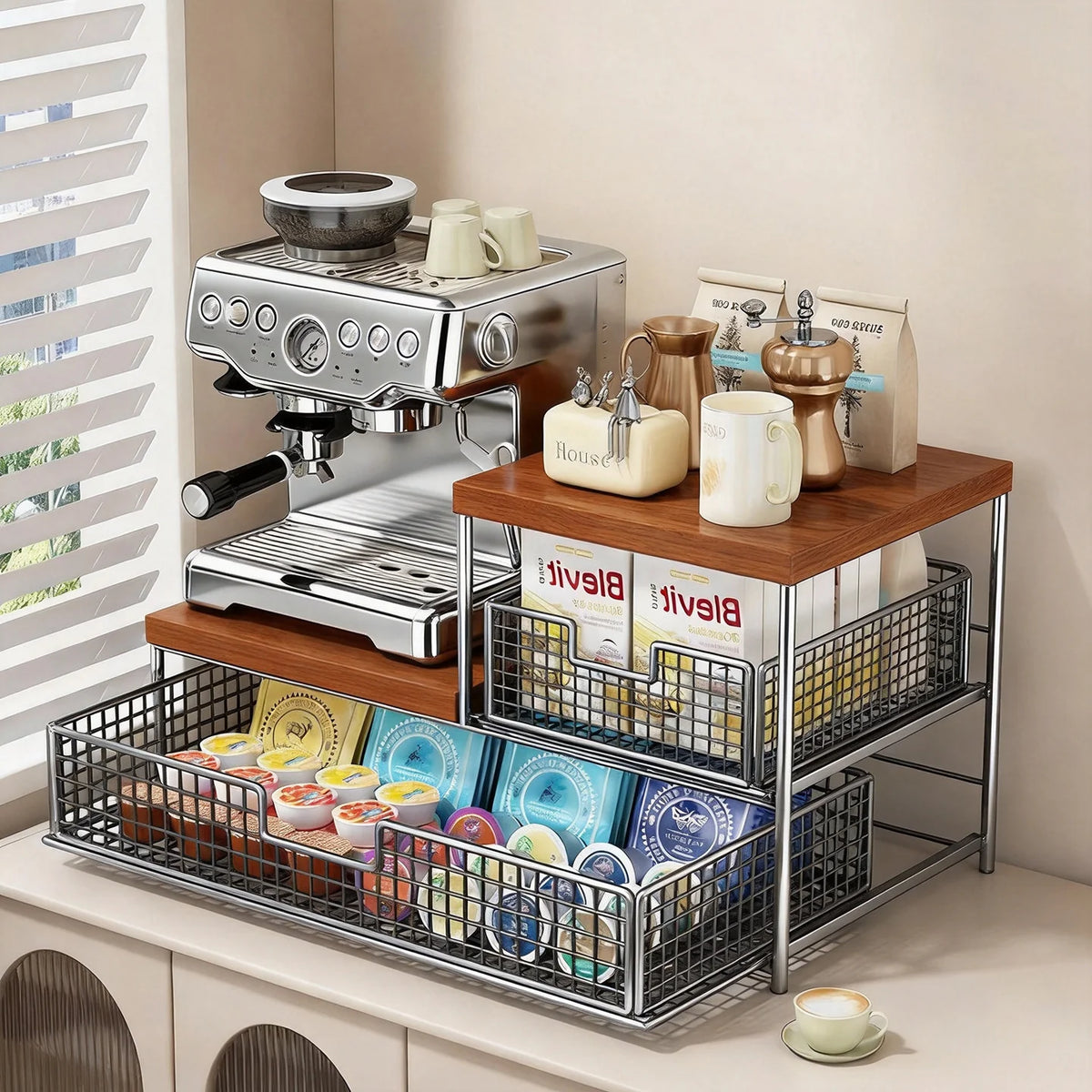 Coffee Station Organizer Raised Wood Shelf Pull-Out Metal Basket
