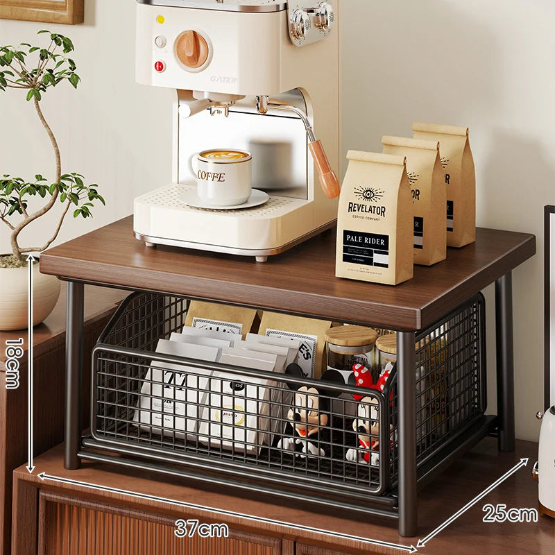 Coffee Station Organizer Raised Wood Shelf Pull-Out Metal Basket