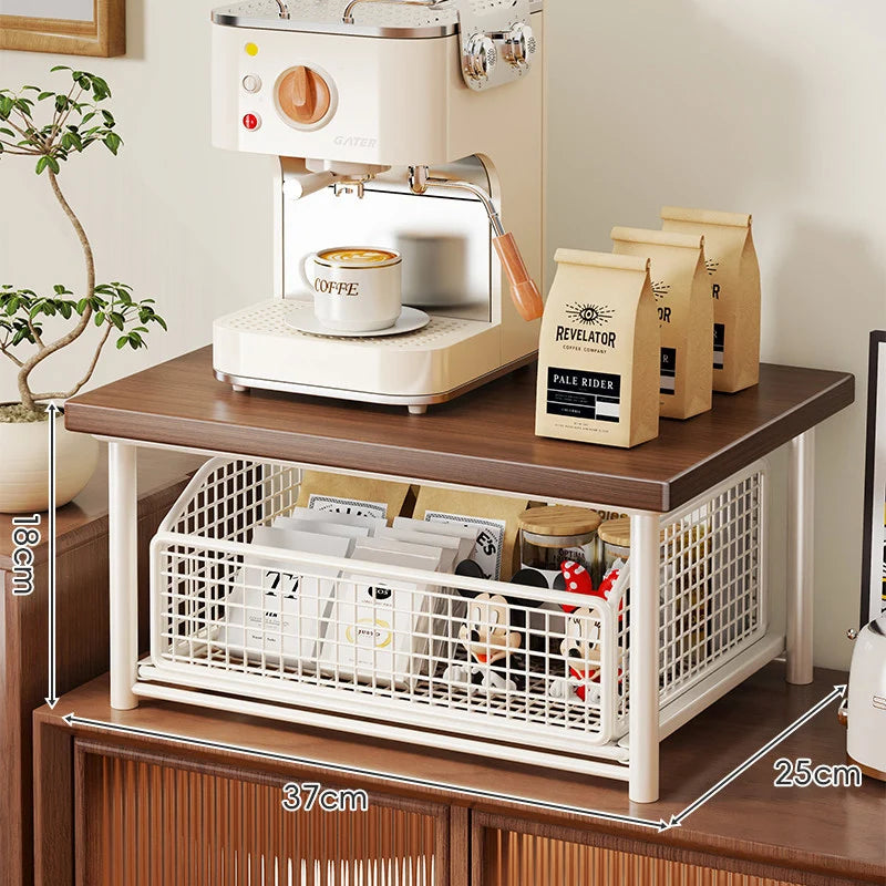 Coffee Station Organizer Raised Wood Shelf Pull-Out Metal Basket