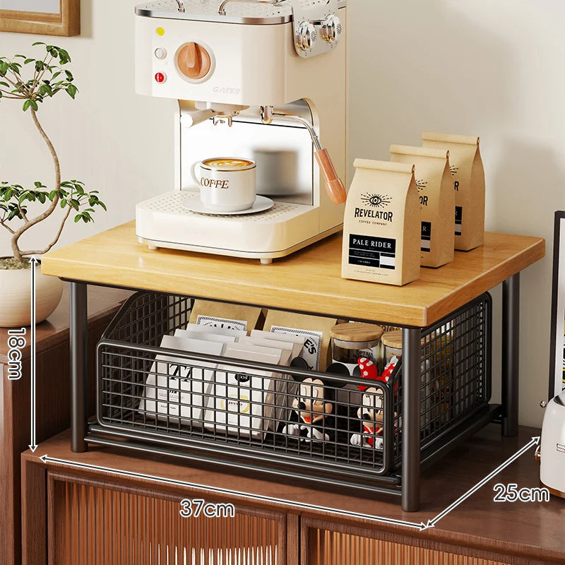 Coffee Station Organizer Raised Wood Shelf Pull-Out Metal Basket