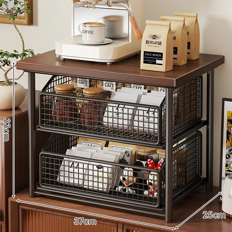 Coffee Station Organizer Raised Wood Shelf Pull-Out Metal Basket