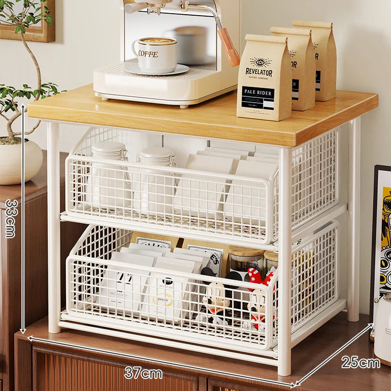 Coffee Station Organizer Raised Wood Shelf Pull-Out Metal Basket