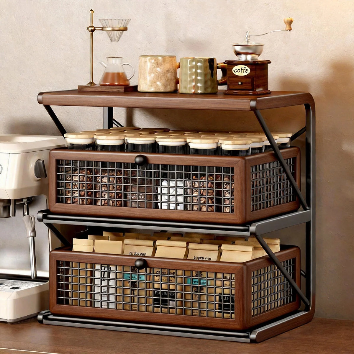 Coffee Station Organizer Wood Top Metal Mesh Basket