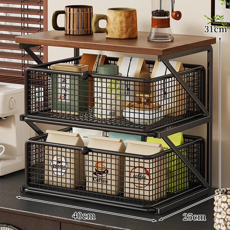 Coffee Station Organizer Wood Top Metal Mesh Basket