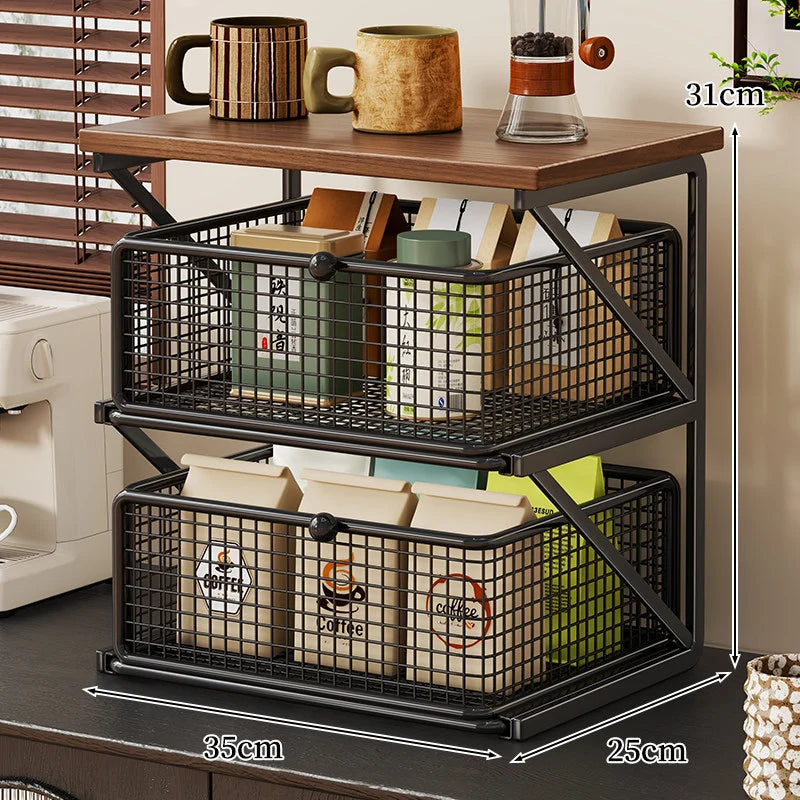 Coffee Station Organizer Wood Top Metal Mesh Basket